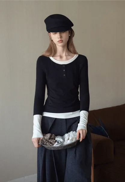 Womens Colorblock Long Sleeve Henley Top