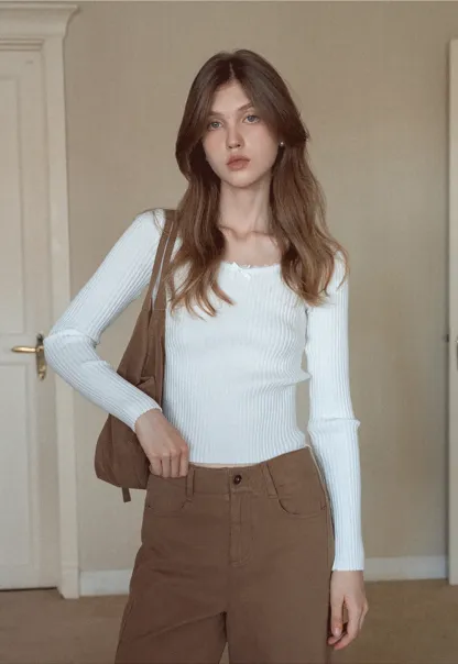 Womens Ribbed Long Sleeve Top with Bow Detail
