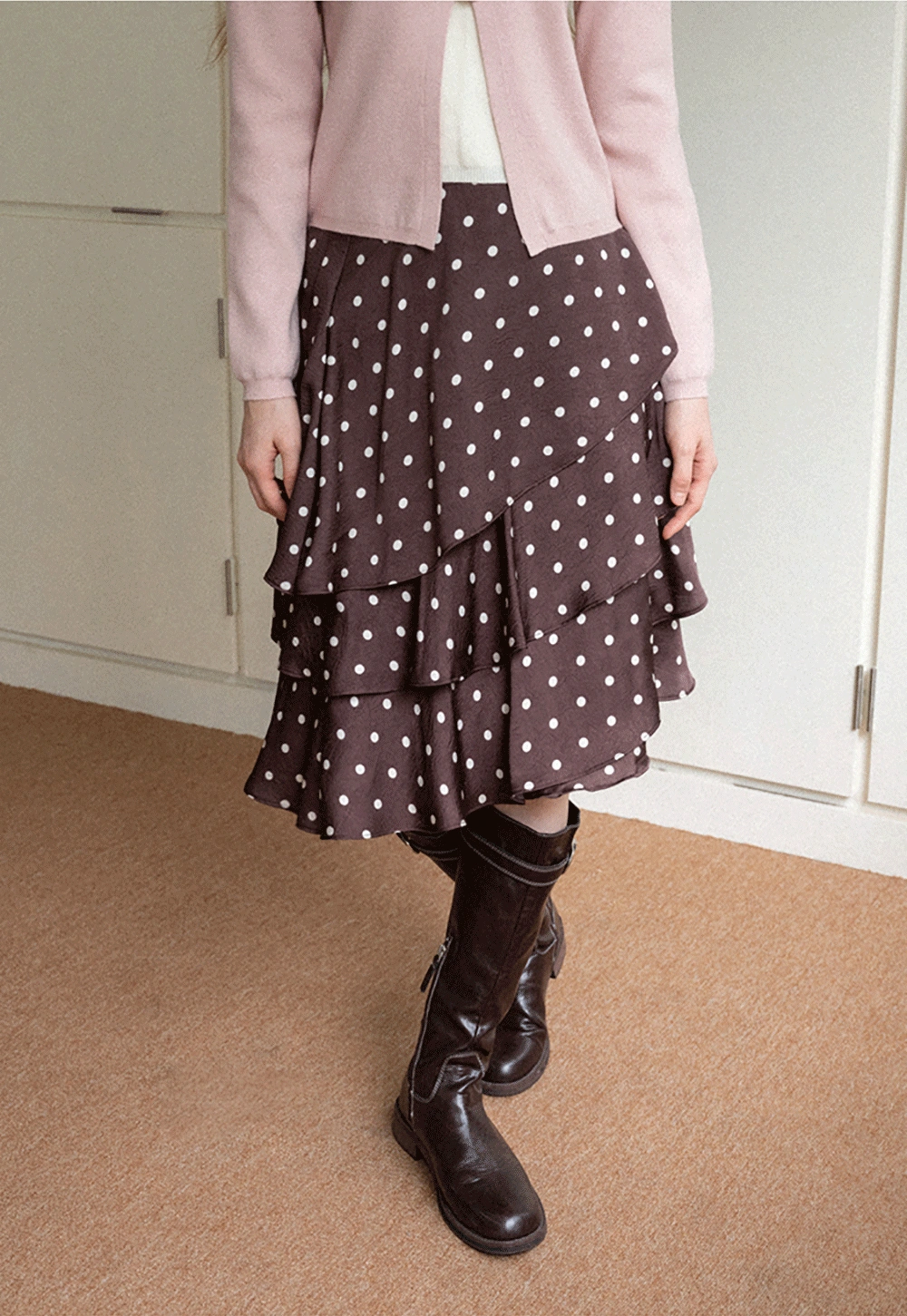 Women Brown Polka Dot Tiered Skirt