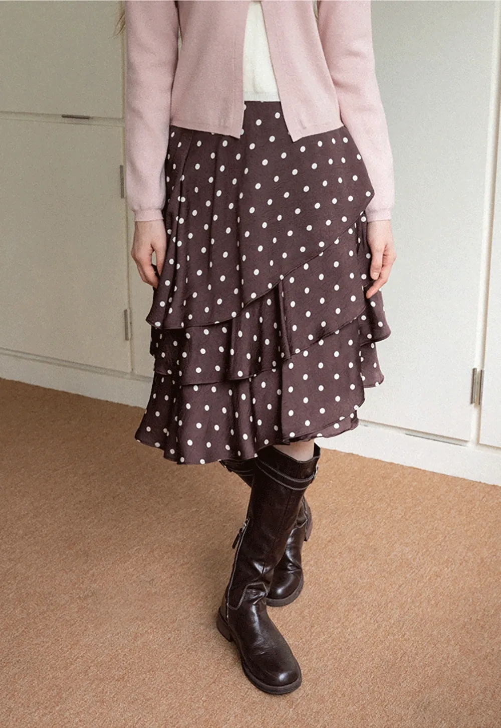 Women Brown Polka Dot Tiered Skirt