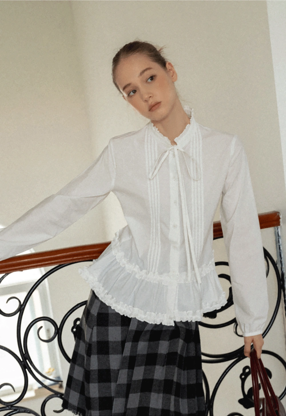 Lace Trim Ruffled Blouse with Tie Neck