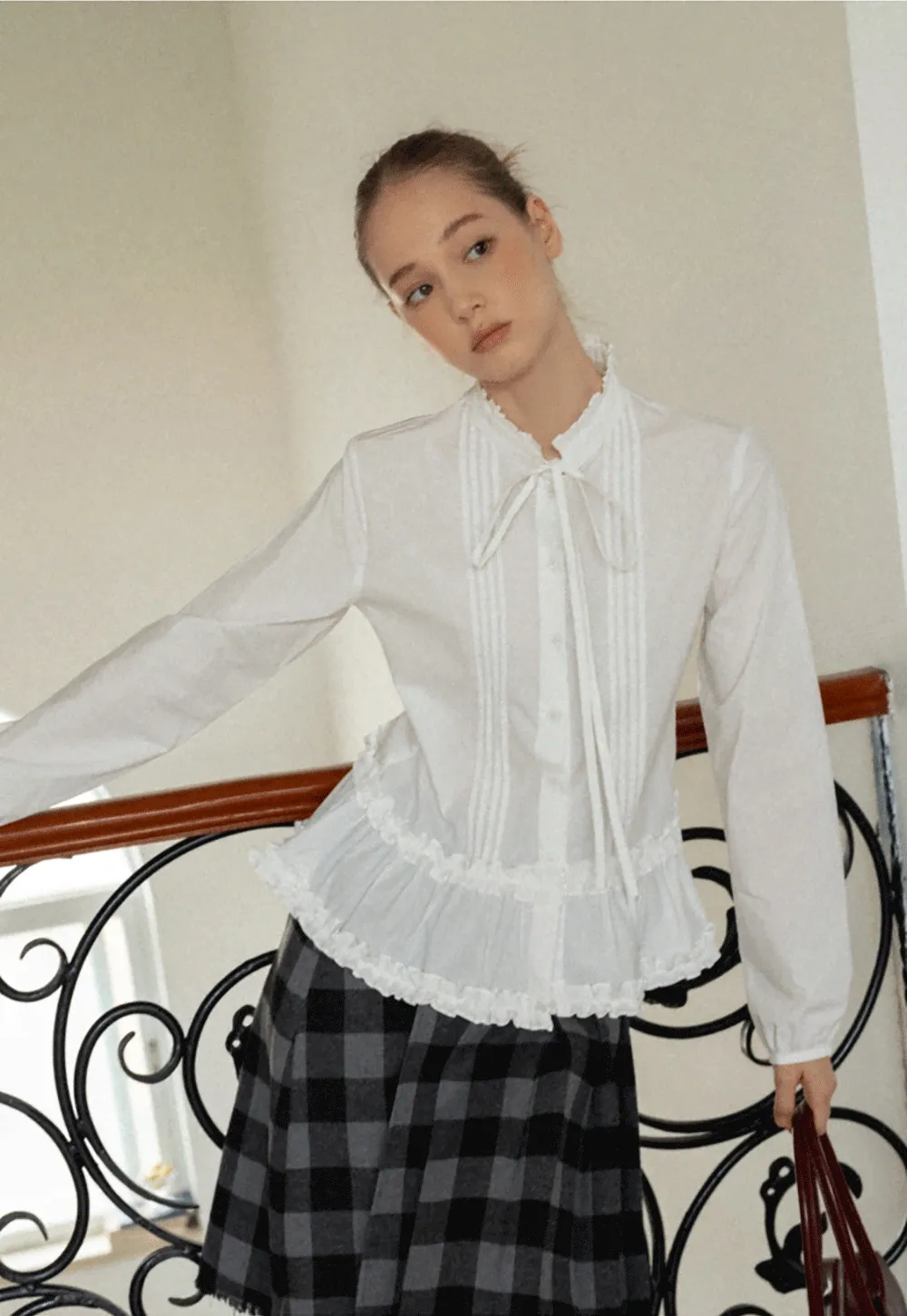 Lace Trim Ruffled Blouse with Tie Neck
