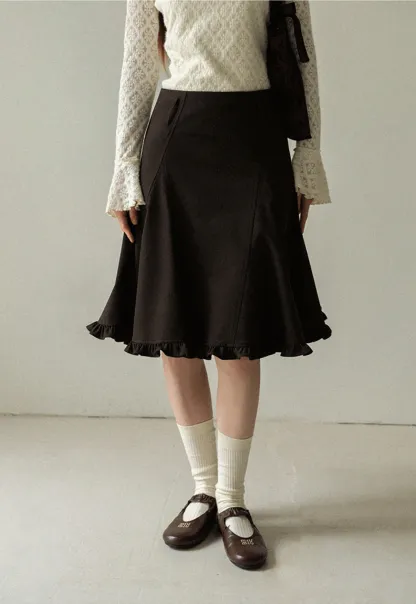 A-Line Brown Skirt with Ruffled Bottom for Women