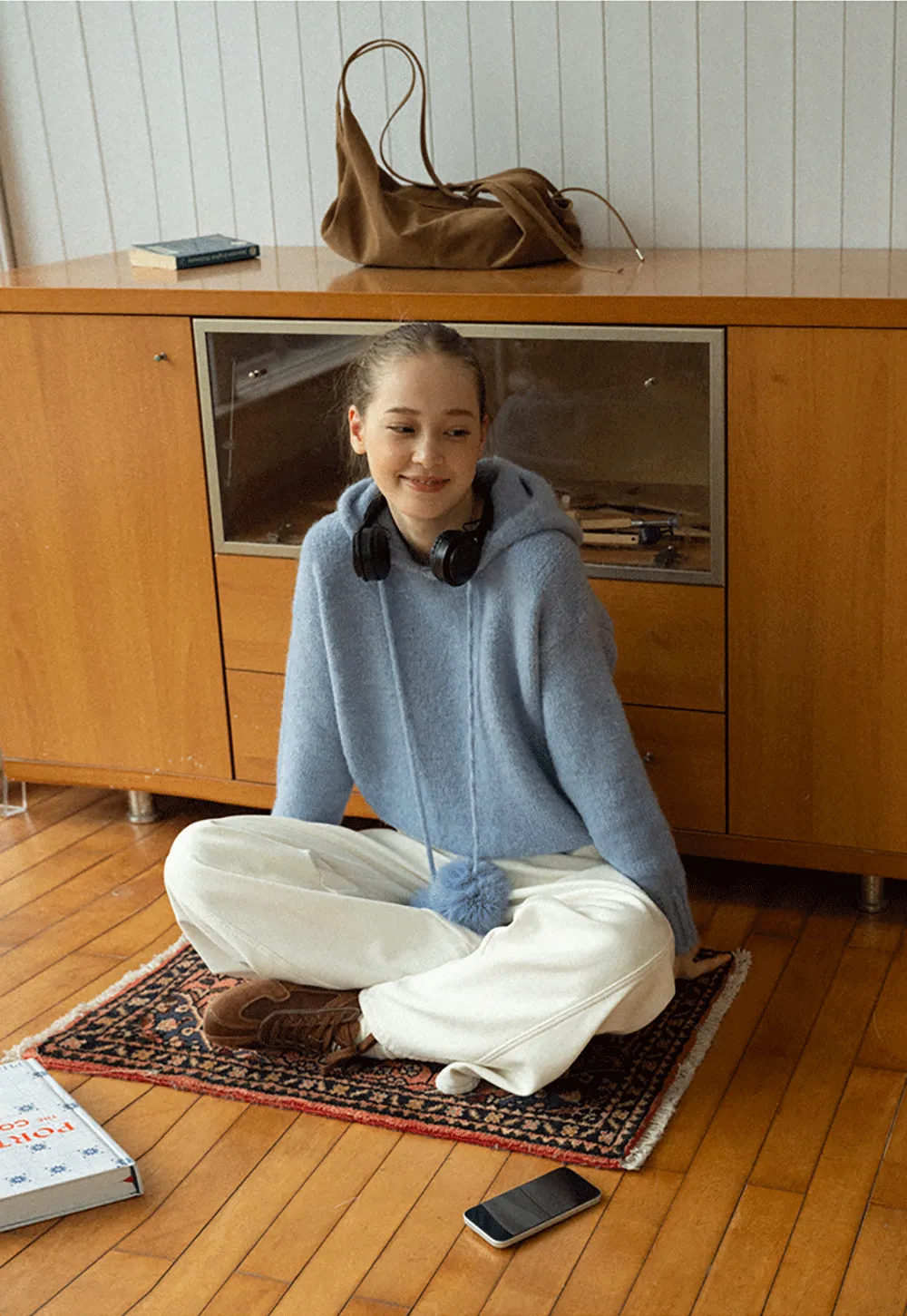 Pom-Pom Hooded Knit Sweater