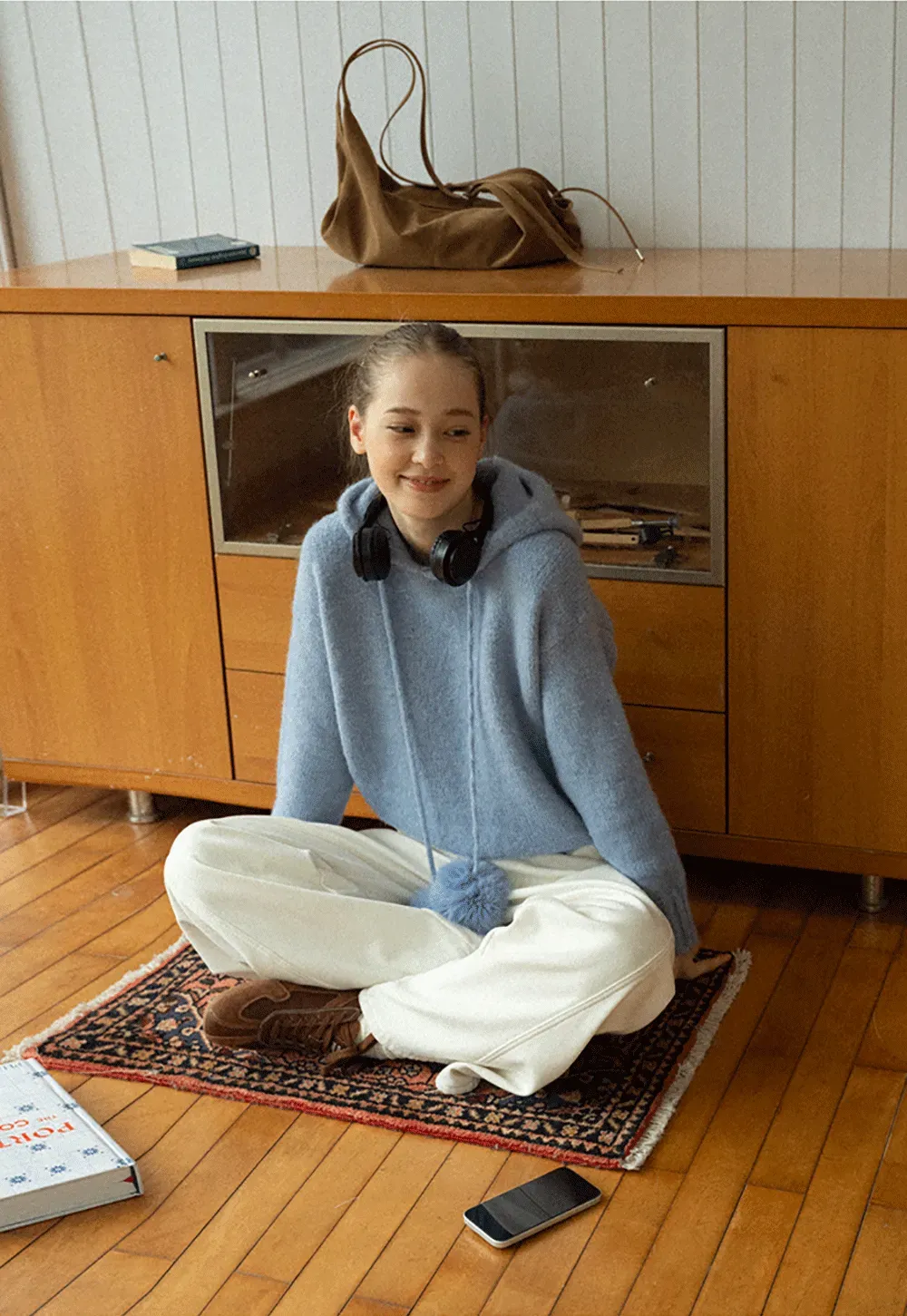 Pom-Pom Hooded Knit Sweater