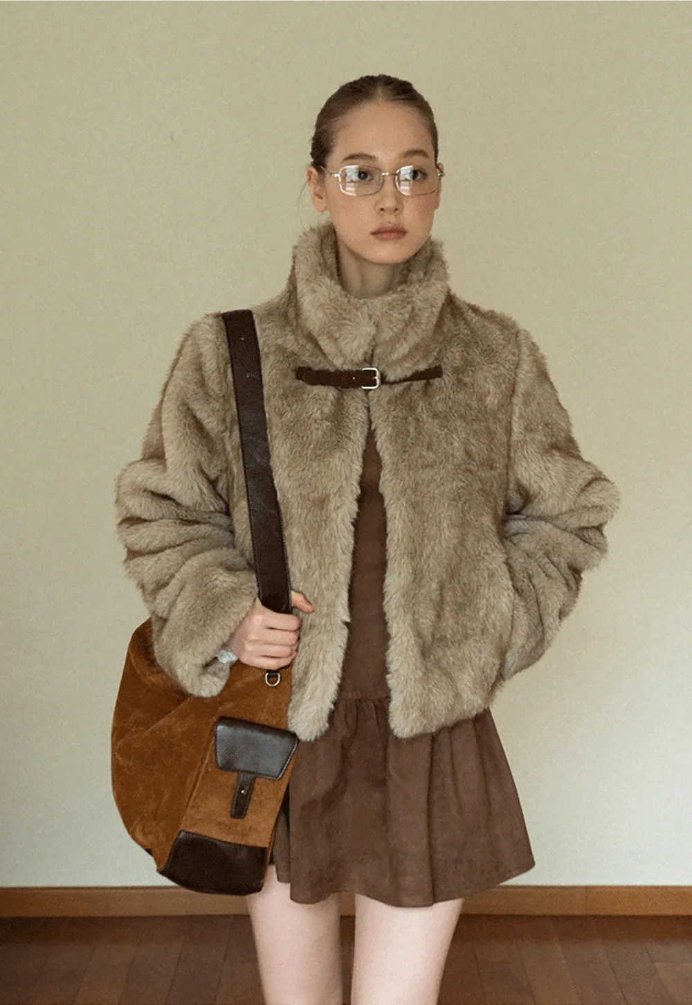 Women Faux Fur Cropped Jacket with Buckle Closure