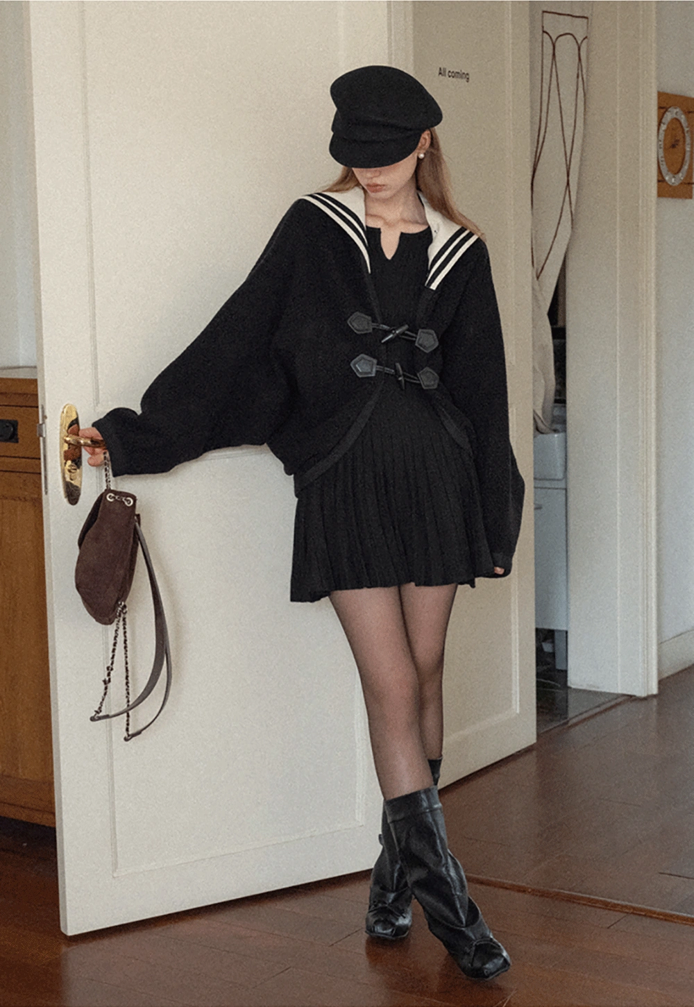 Stylish Black Woolen Coat with Sailor Collar
