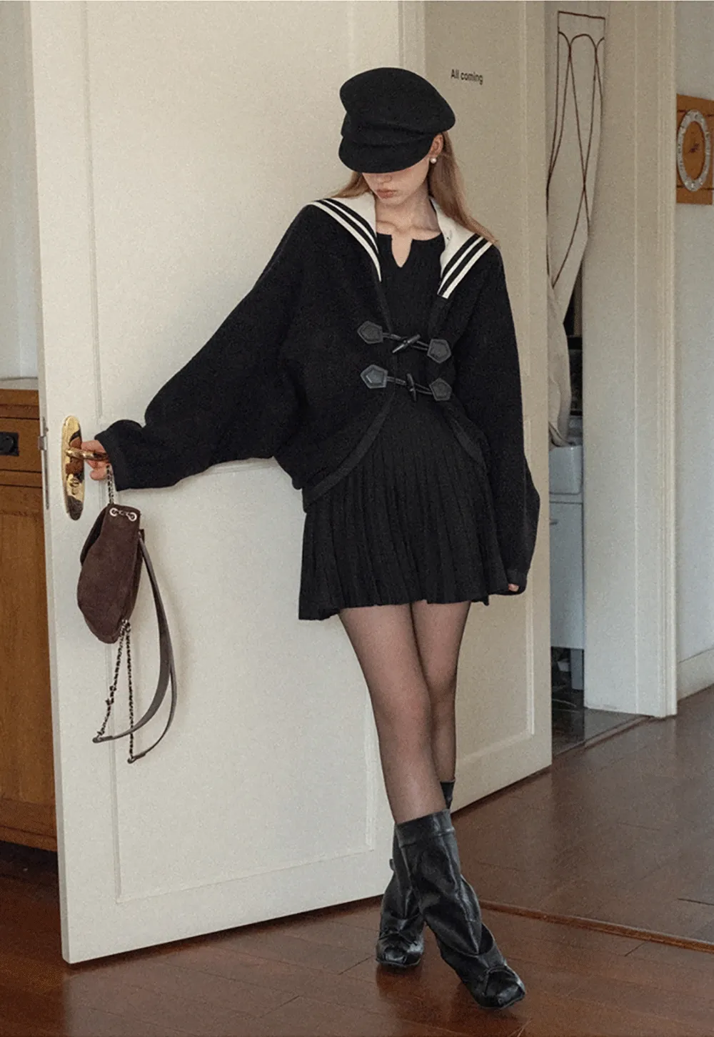 Stylish Black Woolen Coat with Sailor Collar