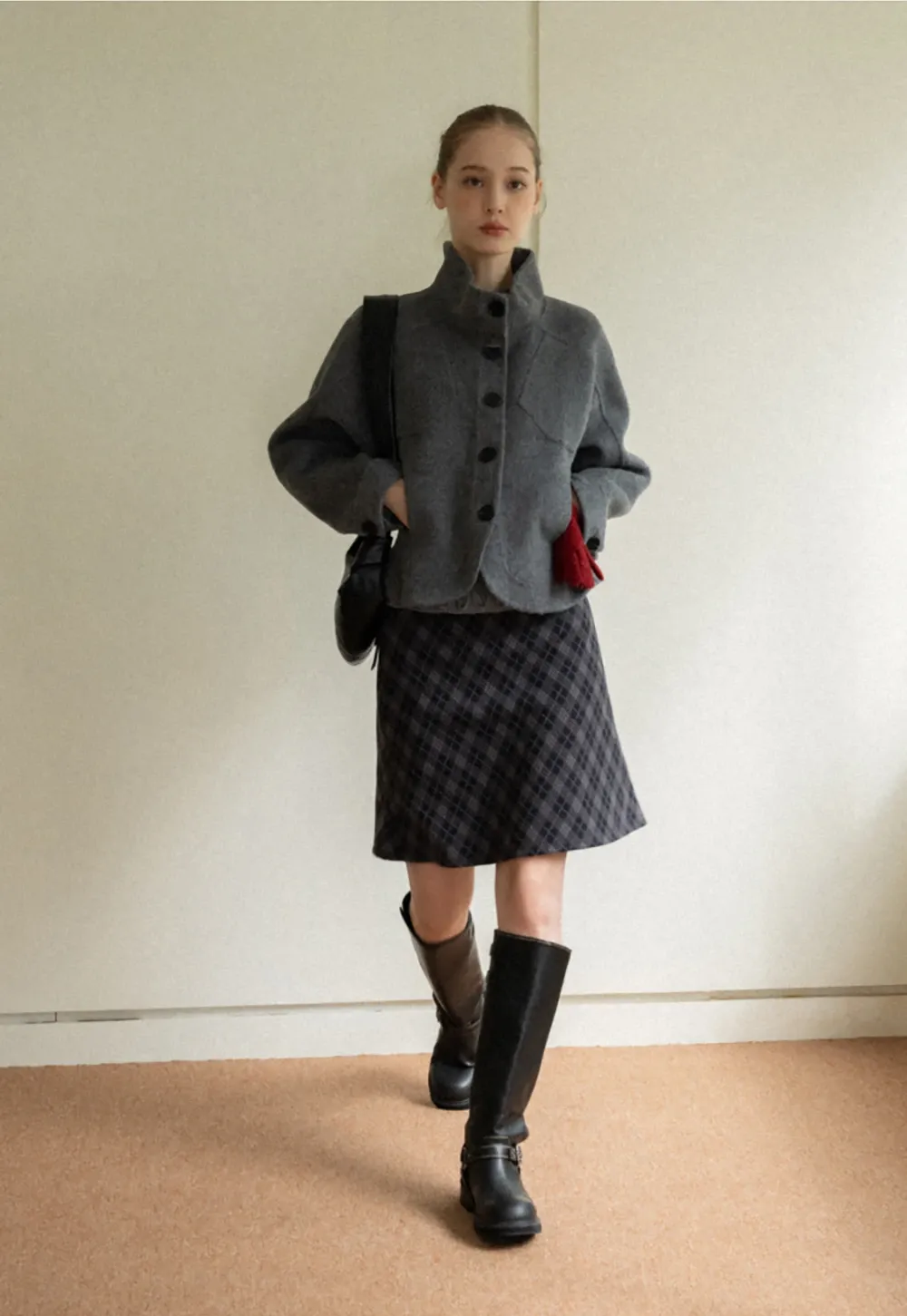 Stand Collar A-line Waist Cinching Cropped Double-Faced Coat