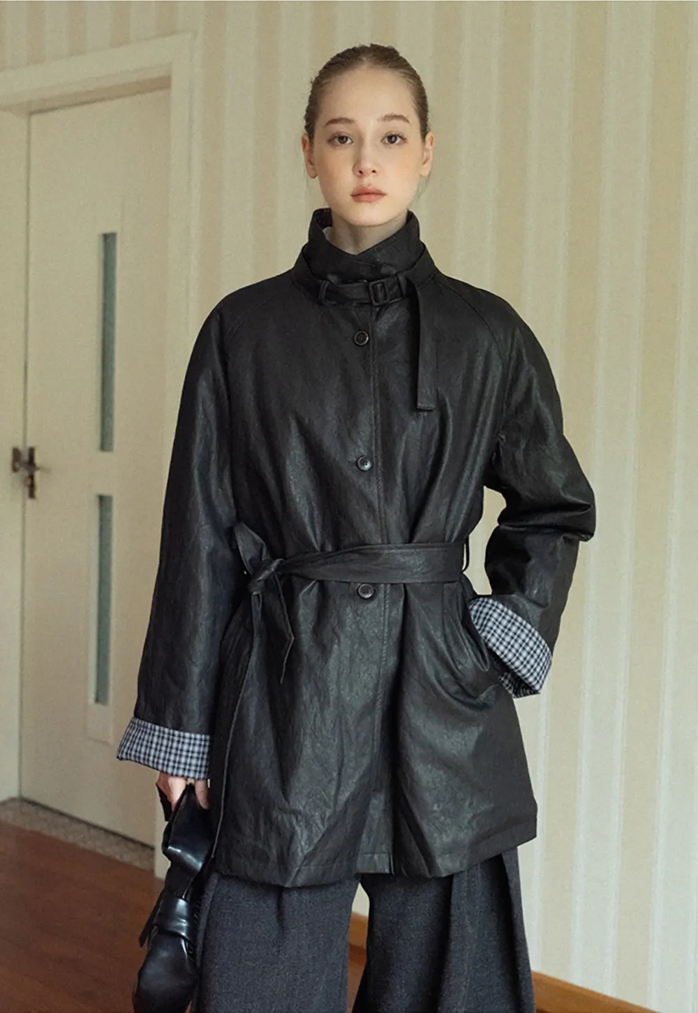 Stand Collar Mid-Length Coat with Plaid Splice and Belt