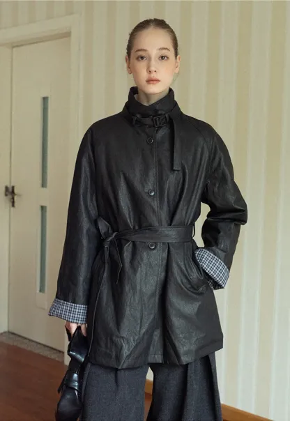 Stand Collar Mid-Length Coat with Plaid Splice and Belt