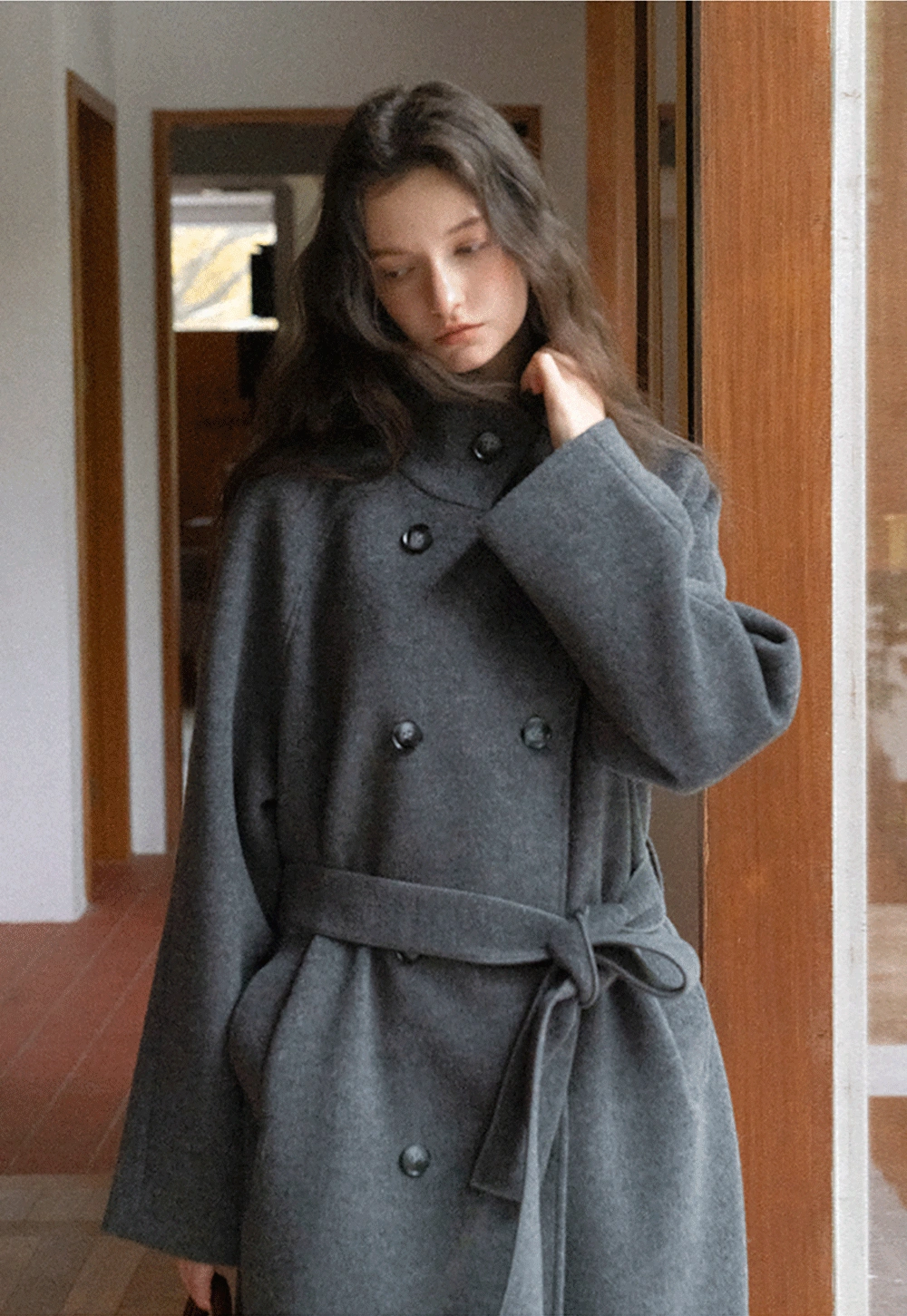 Women Classic Wool Coat with Button Details and Waist Belt