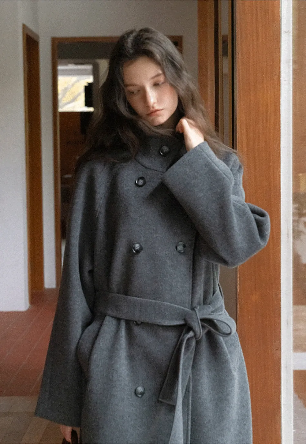 Women Classic Wool Coat with Button Details and Waist Belt