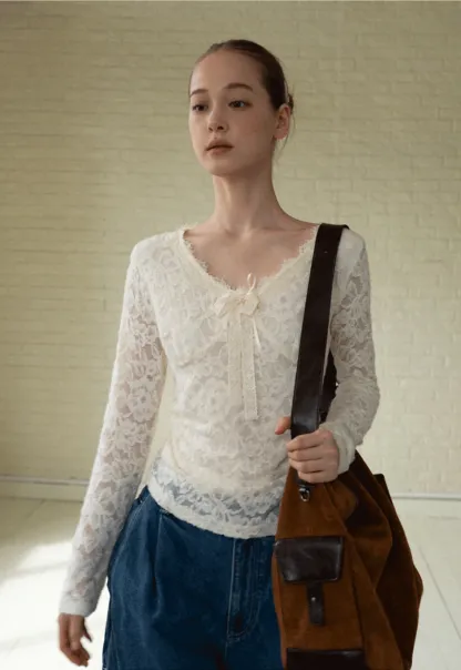 V-Neck Lace Jacquard Bow Top
