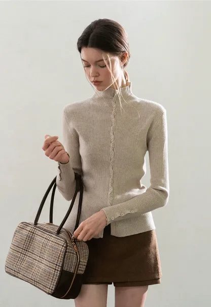 Stand-Collar Twist Button Knit Top