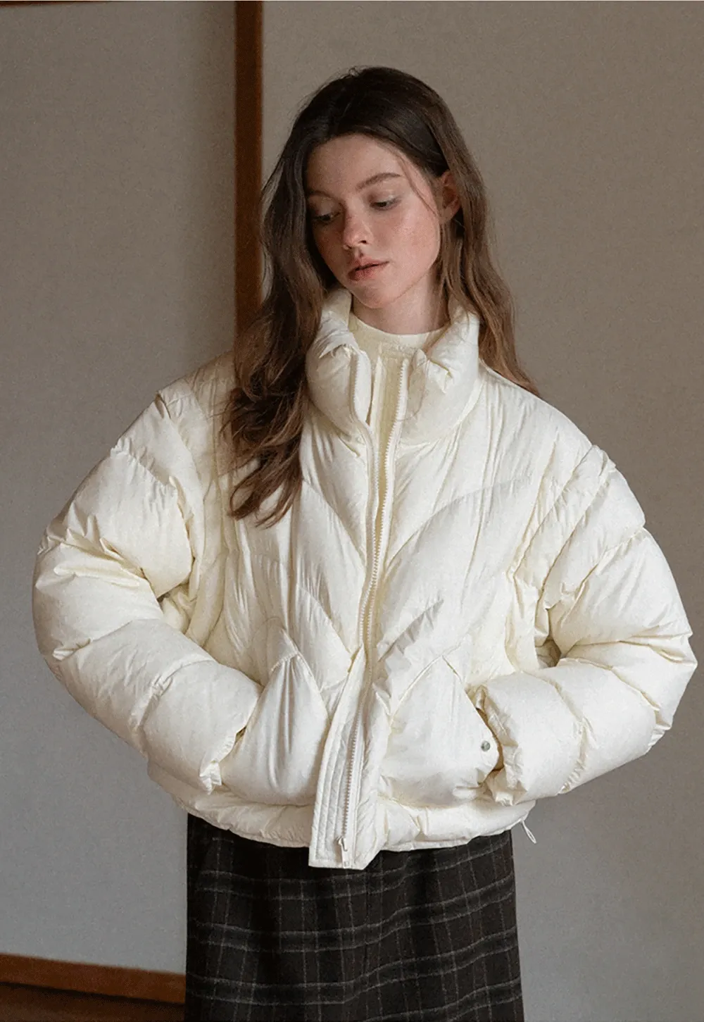 2-Way Short Puffer Jacket with Heart Pockets
