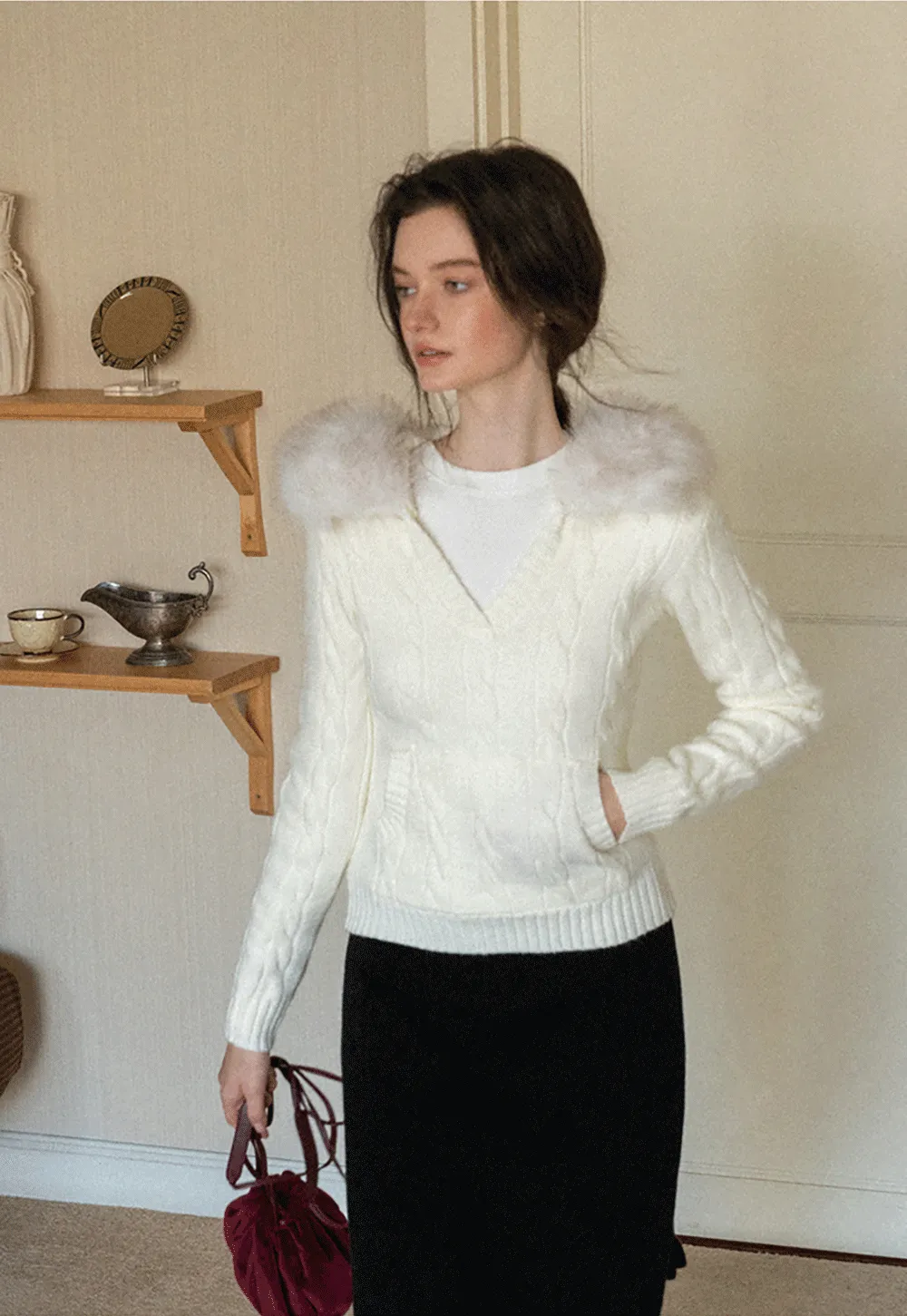 Faux Fur Collar Cable-Knit Sweater