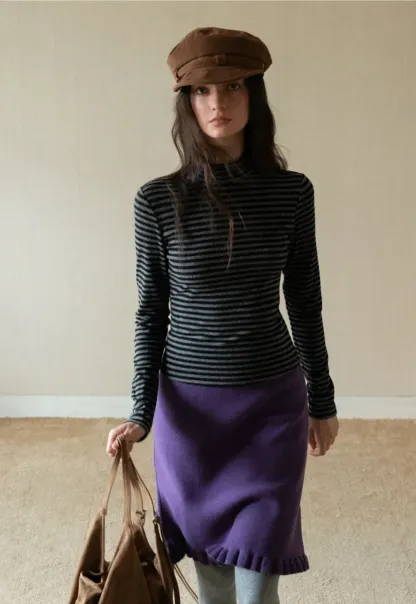 Striped Mock Neck Slim Long Sleeve Tee