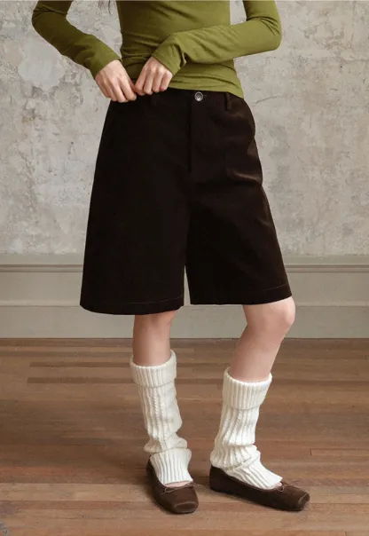 Women Stylish Corduroy Brown Shorts with Button Detail