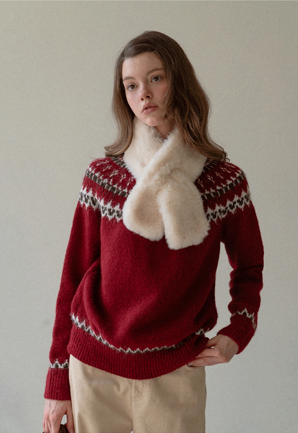 Red Knit Sweater with Fair Isle Pattern