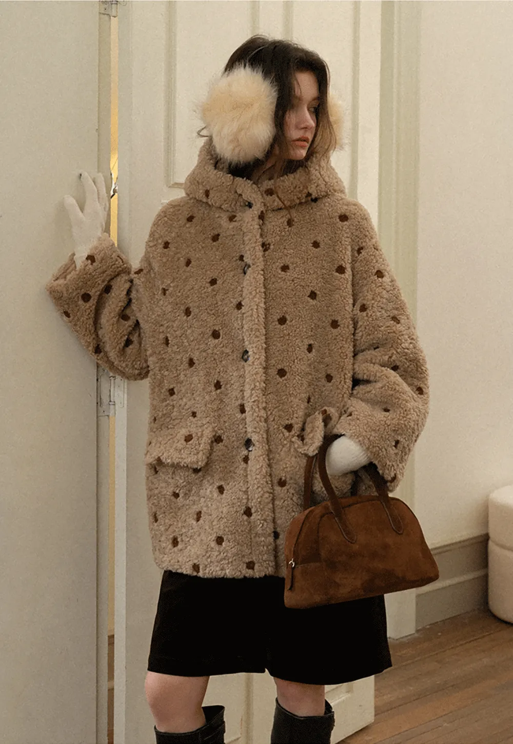 Polka Dot Teddy Fleece Hooded Coat