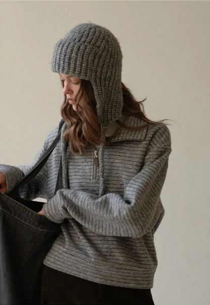 Women Striped Half-Zip Pullover Sweatshirt