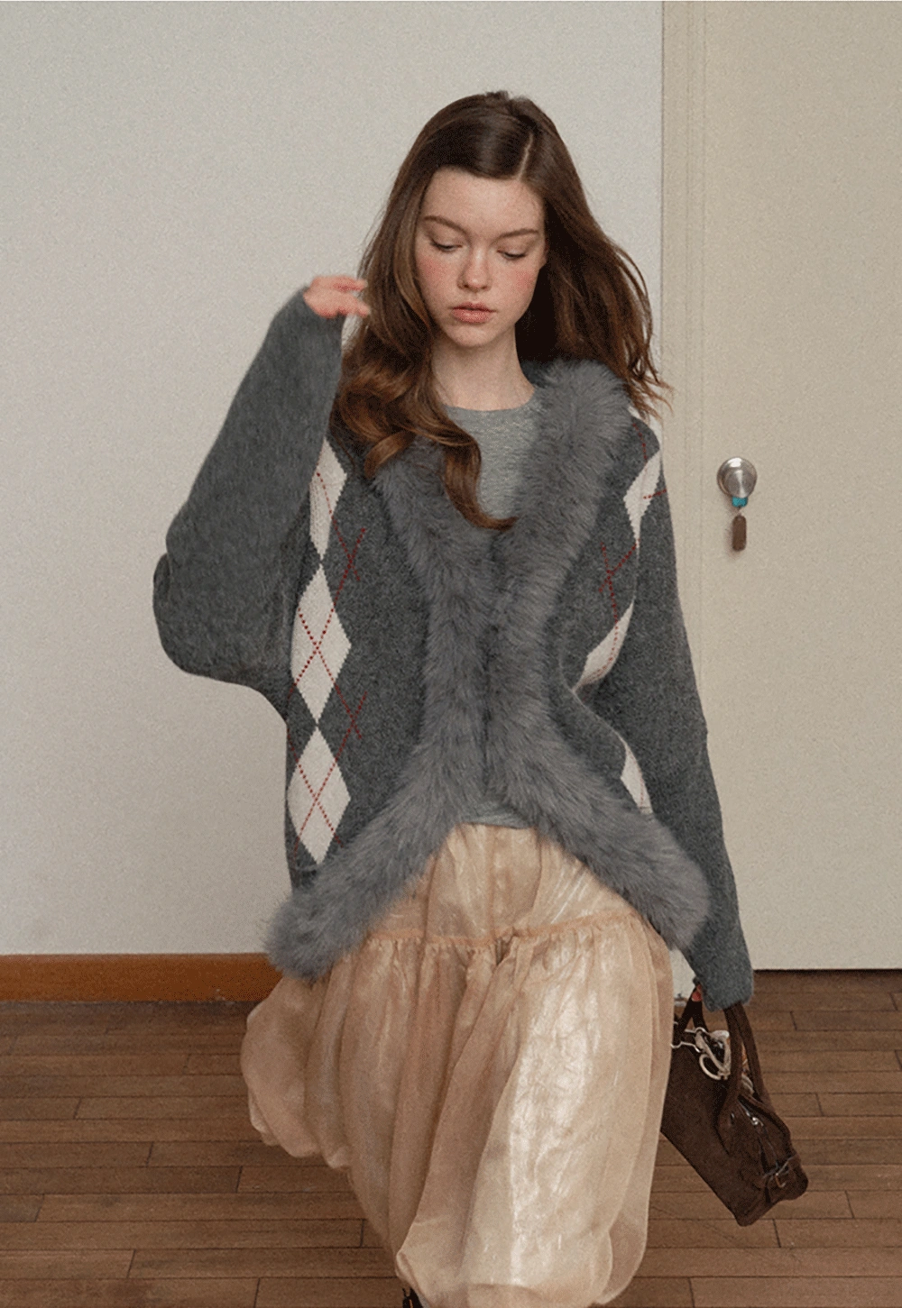 Patterned Sweater Cardigan with Fur Trim
