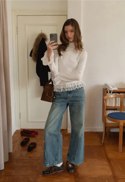 Women White Lace Trim Mock Neck Long Sleeve Top