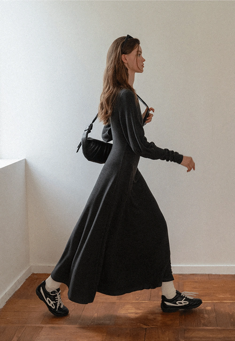 Women Long Sleeve Maxi Dress in Dark Gray