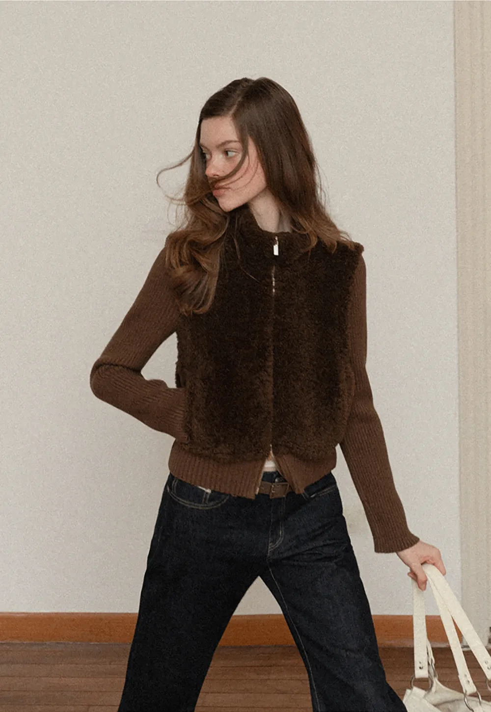 Faux Shearling Panel Knit Jacket