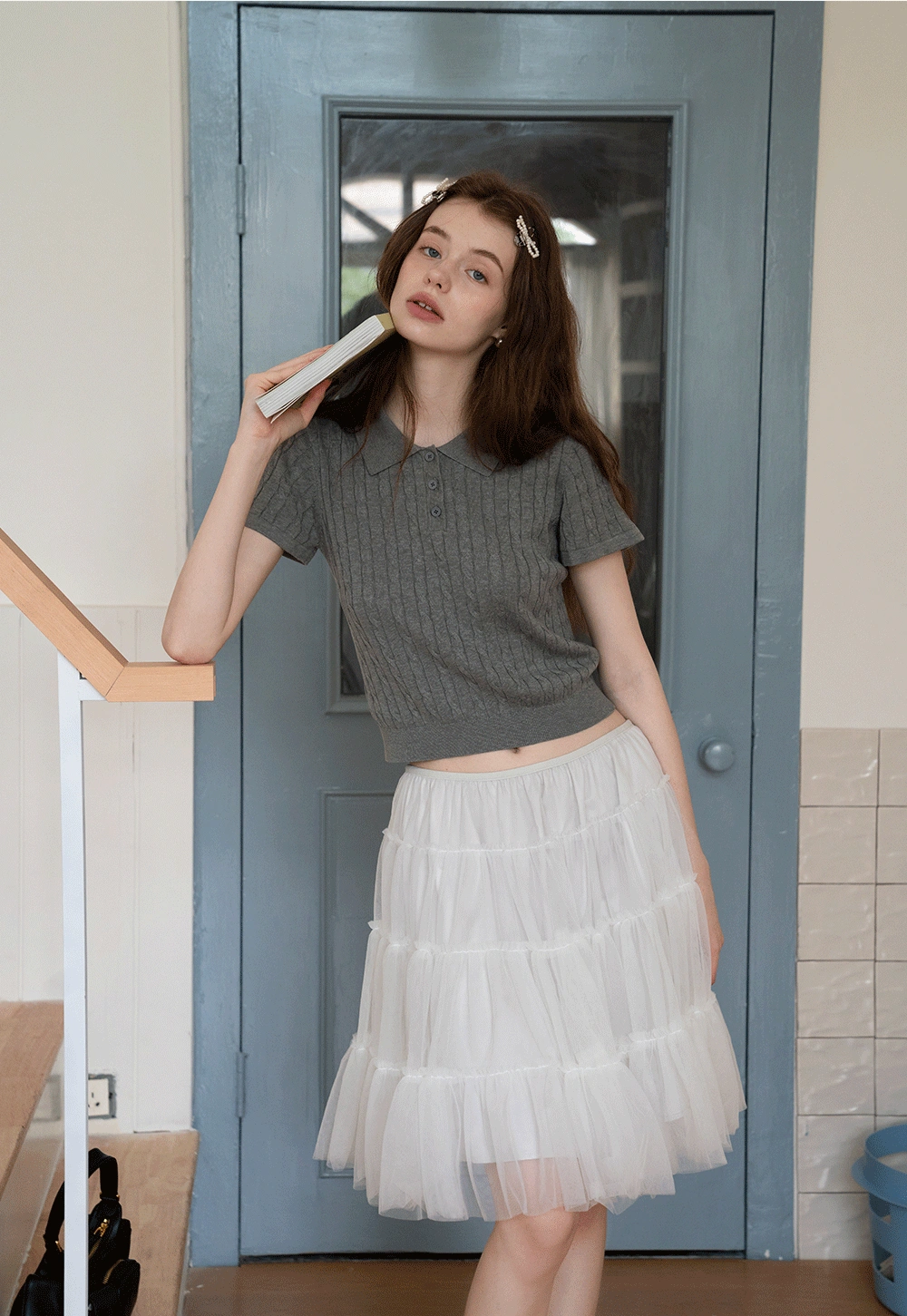 Women's Grey Ribbed Polo Shirt with Short Sleeves