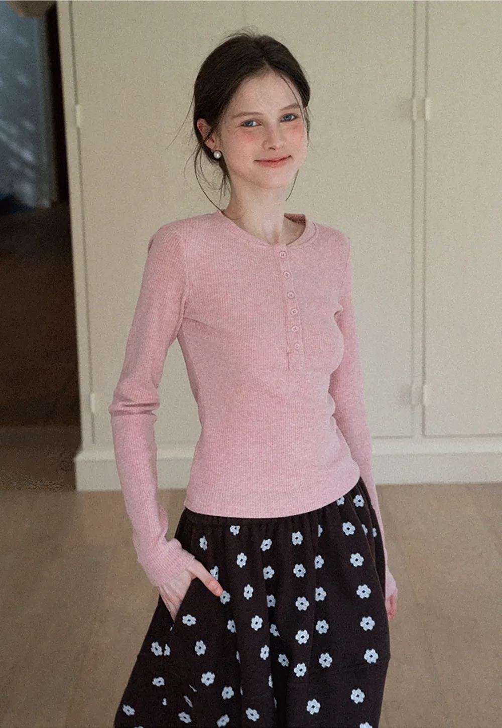 Women Soft Henley Knit Long Sleeve