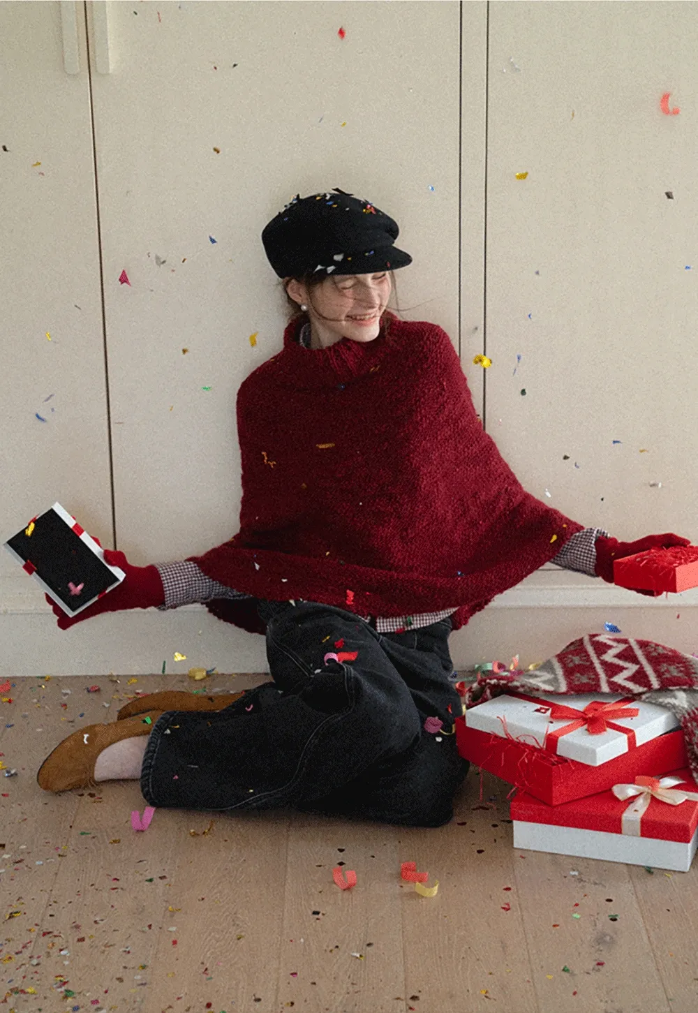 Soft Red Knitted Poncho with Turtleneck