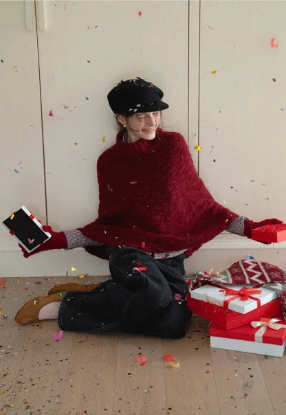 Soft Red Knitted Poncho with Turtleneck