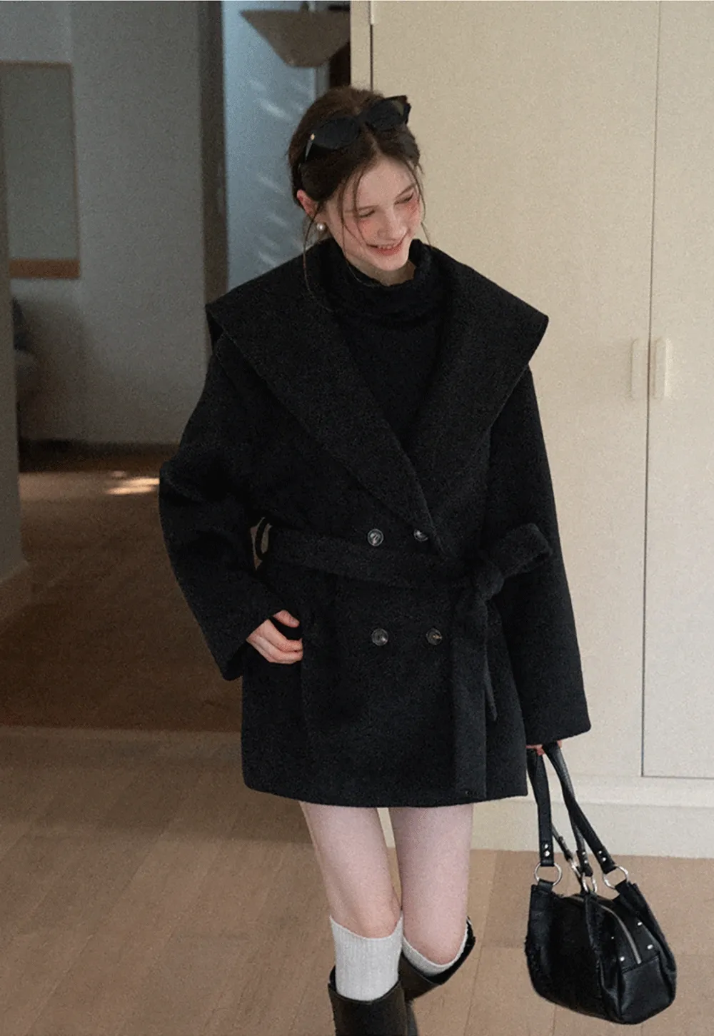 Cozy Black Oversized Coat with Knee-High Boots