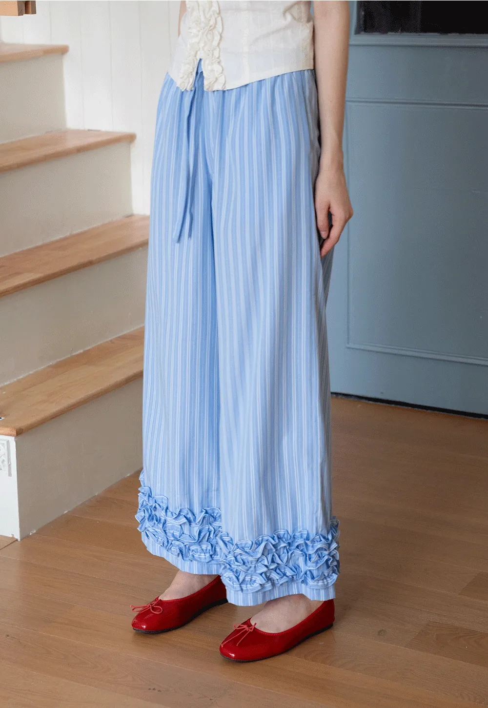 Striped Wide-Leg Pants with Ruffle Hem