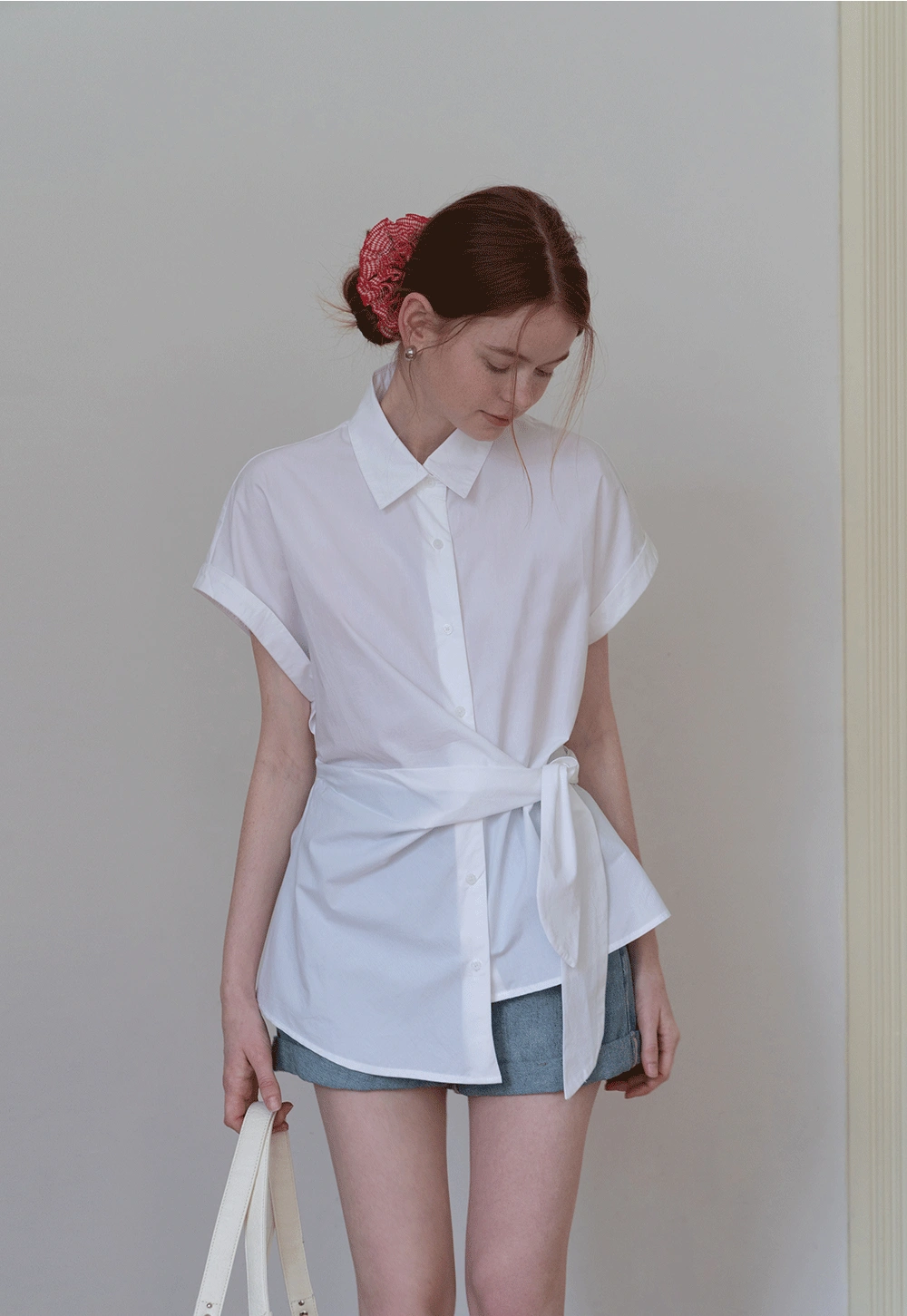 Women's Short Sleeve Button Down Shirt with Waist Tie