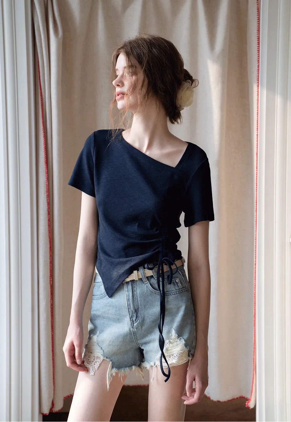 Women’s High‑Waist Ripped Lace Denim Shorts