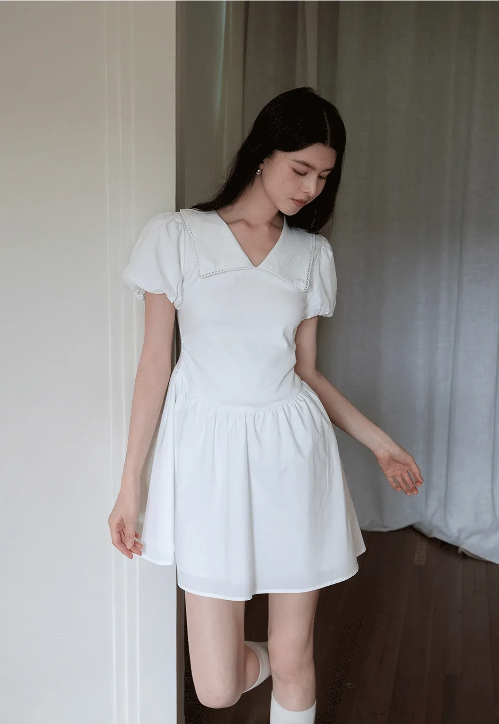 French V-Neck Puff Sleeve White Dress