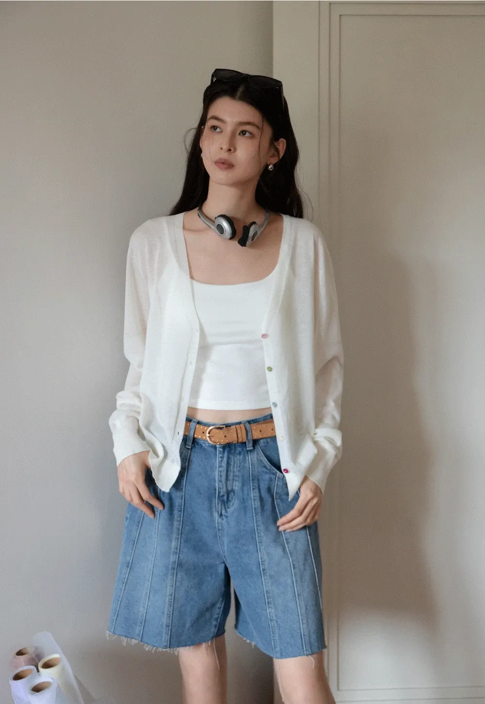 Women's V-Neck Knit Cardigan with Colorful Buttons