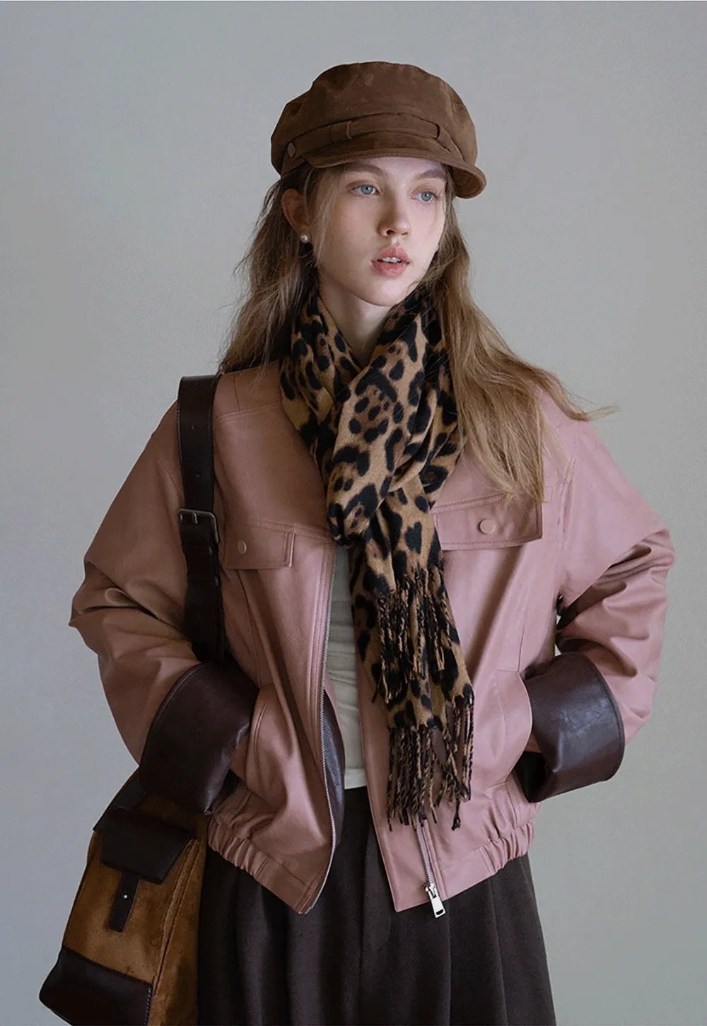 Womens Faux Leather Jacket with Zipper Front and Contrast Cuffs