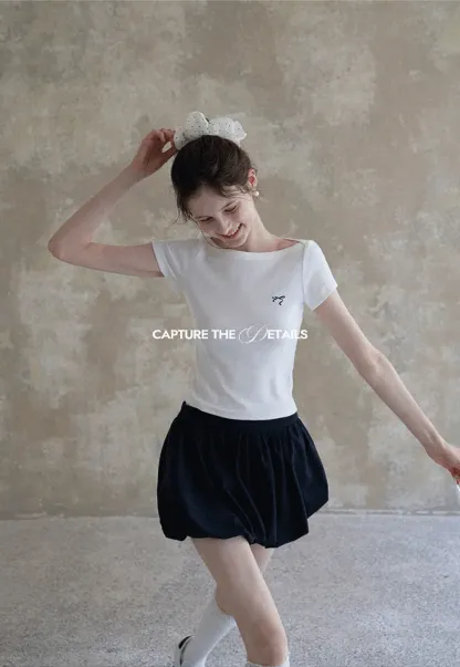 Women's Boat Neck Ribbed Tee with Embroidered Bow