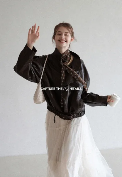 Funnel-Neck Leather Jacket