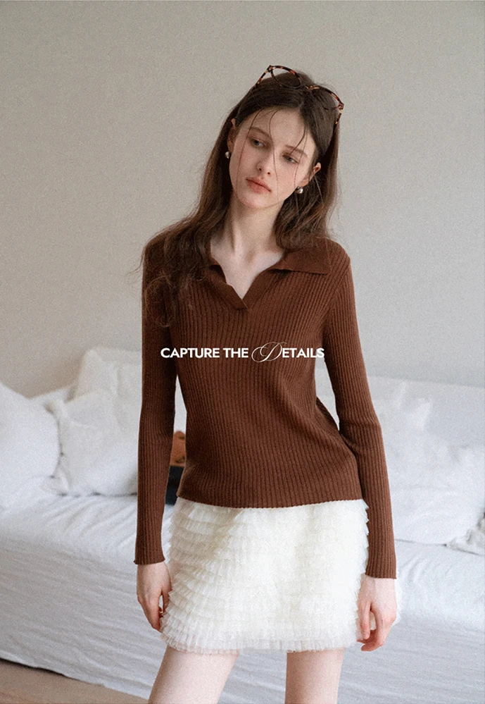 Ribbed Open-Collar Knit Top