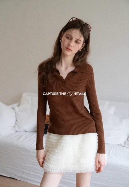 Ribbed Open-Collar Knit Top