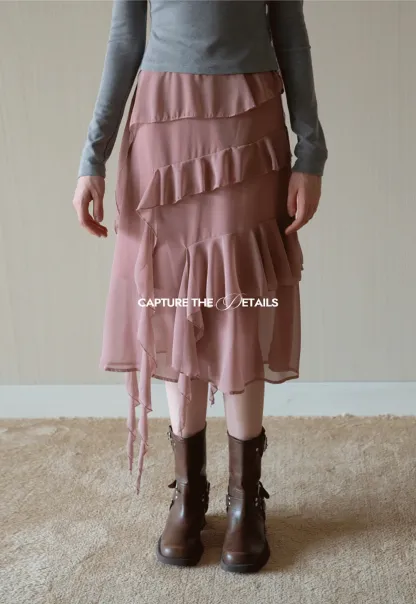 Womens Ruffle Layered Chiffon Midi Skirt