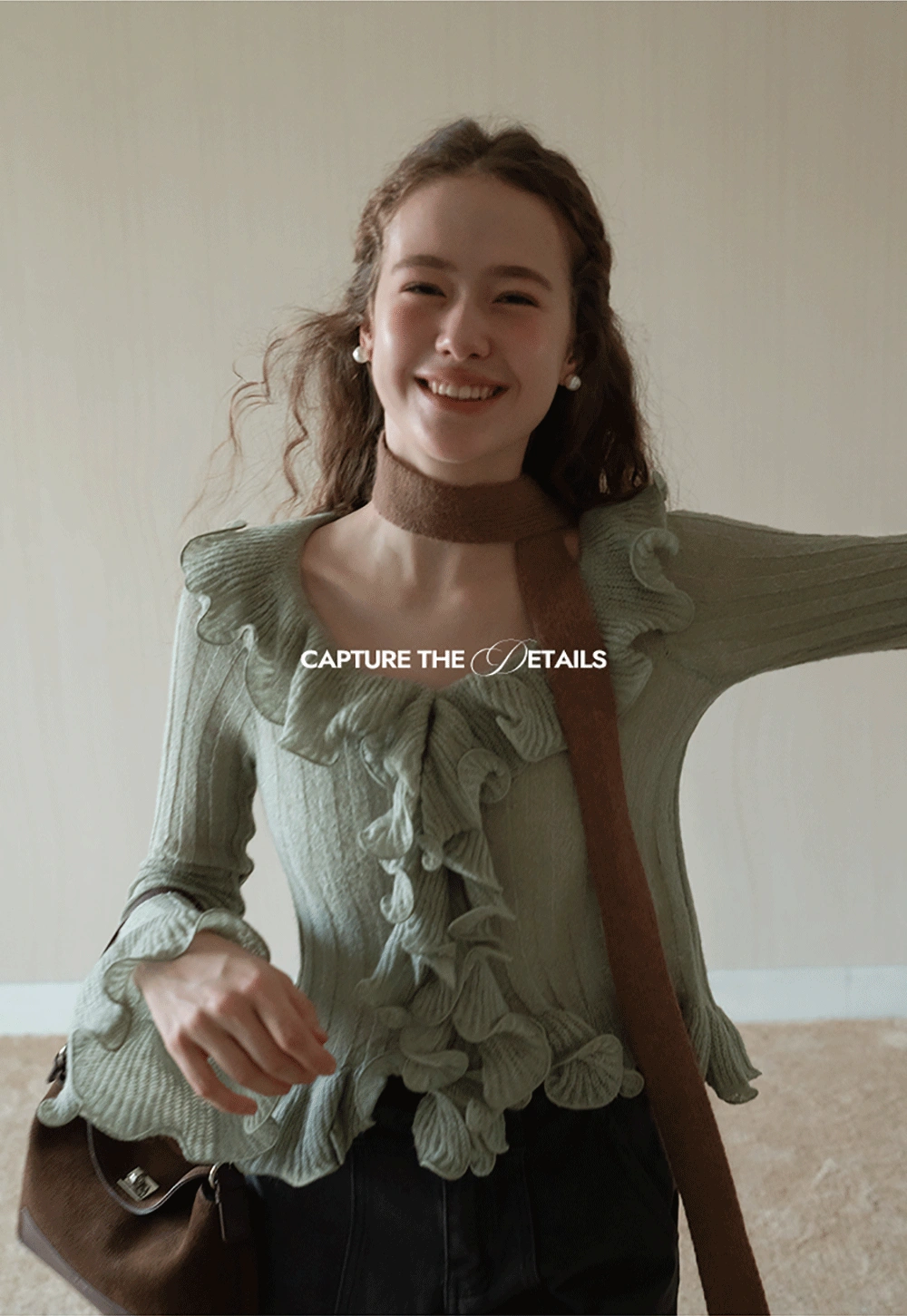 Womens Ruffle Hem Flared Sleeve Knit Top