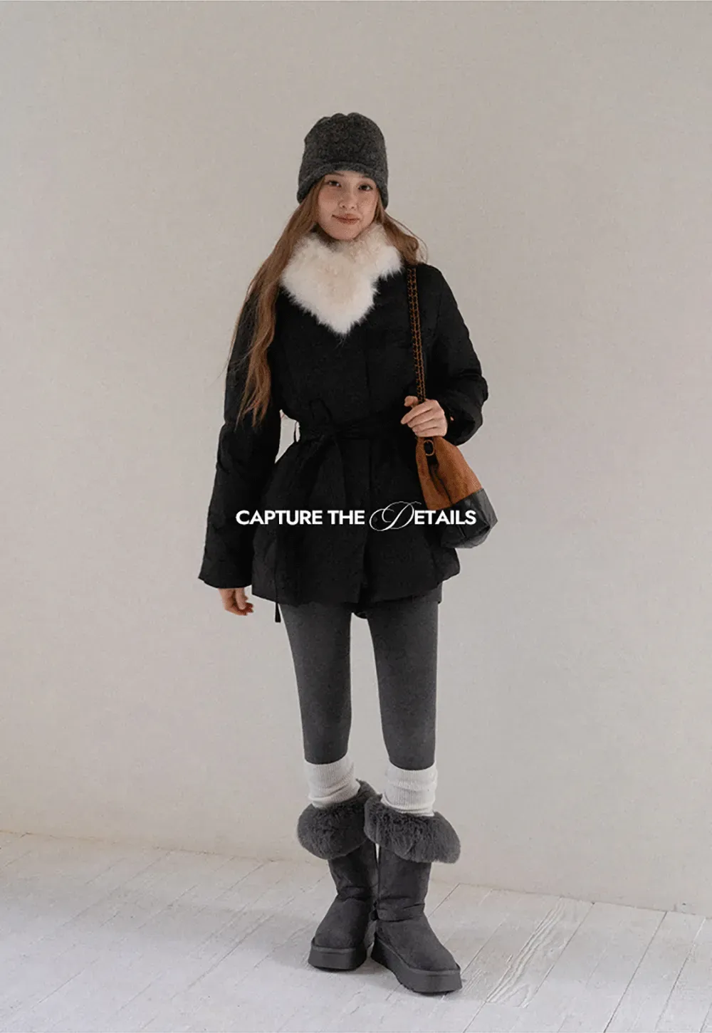 Belted Down Coat with Faux Fur Collar