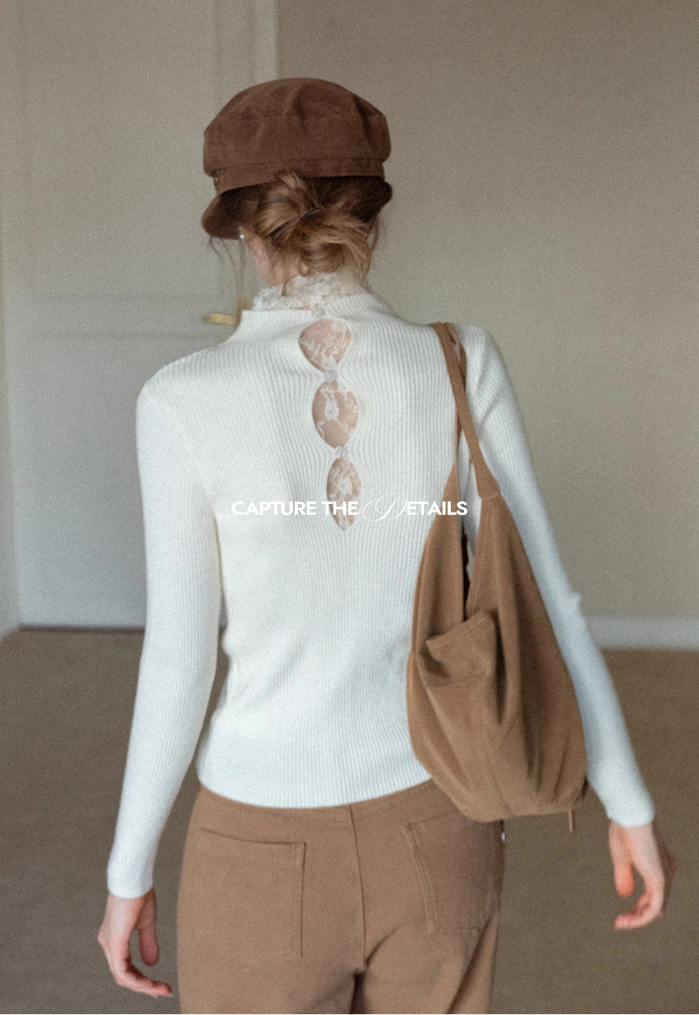 Womens Ribbed Mock Neck Top with Lace Buttons