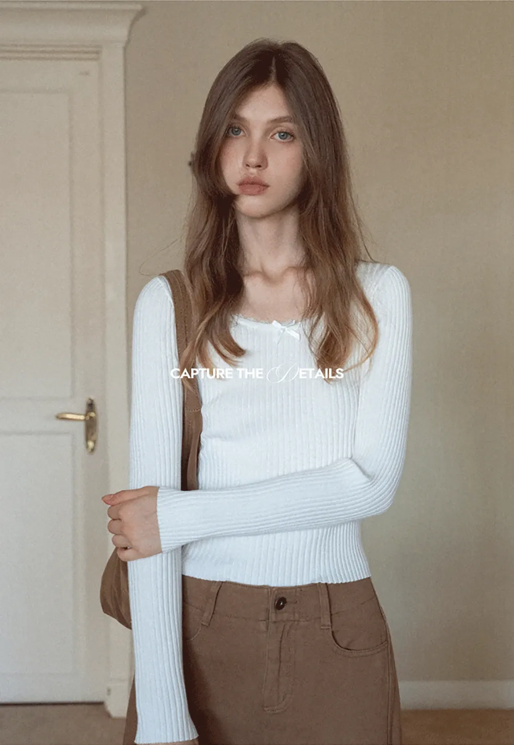 Womens Ribbed Long Sleeve Top with Bow Detail